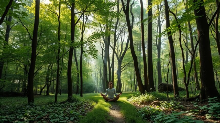 Meditáló személy egy zöld erdőben, természet közelségében