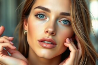 Egy női arc közeli felvétele természetes sminkkel és ragyogó bőrrel.