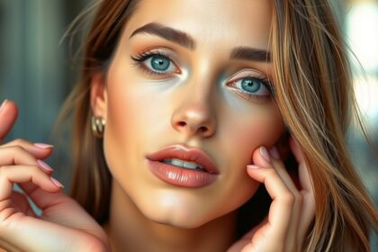 Egy női arc közeli felvétele természetes sminkkel és ragyogó bőrrel.