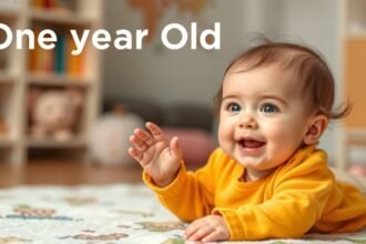 Egyéves baba mosollyal, mozgásban, játék közben