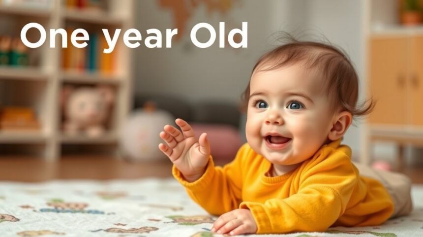 Egyéves baba mosollyal, mozgásban, játék közben