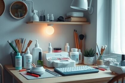 Otthoni körömápolás eszközök és termékek egy íróasztalon.