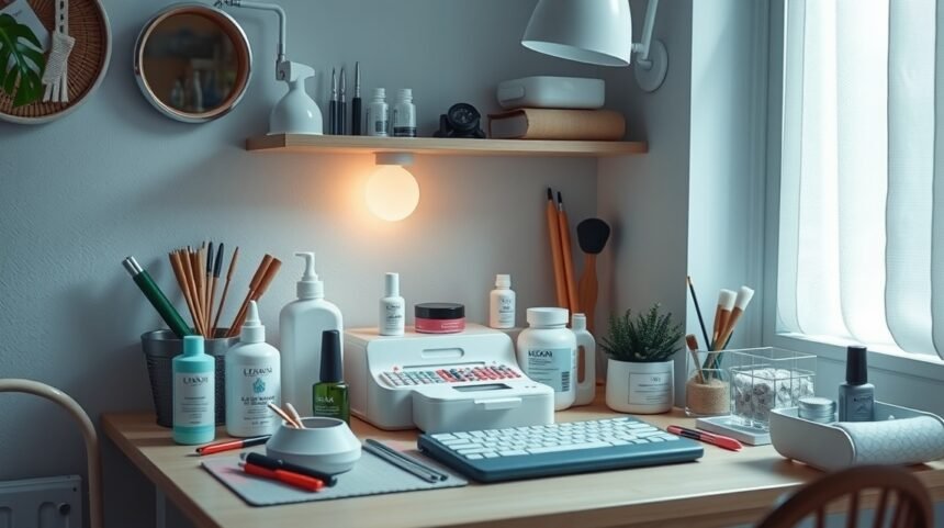 Otthoni körömápolás eszközök és termékek egy íróasztalon.