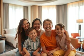 Család együtt a szállodai szobában, boldog pillanatok.