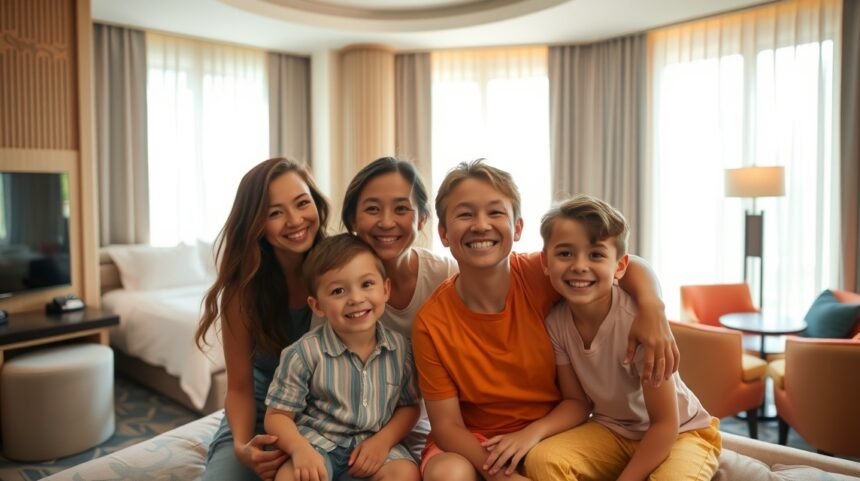 Család együtt a szállodai szobában, boldog pillanatok.