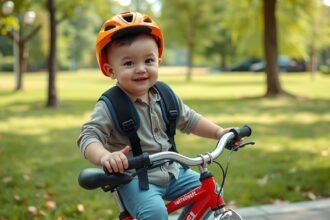 Baba biciklizik, narancssárga sisakban, vidám arccal.