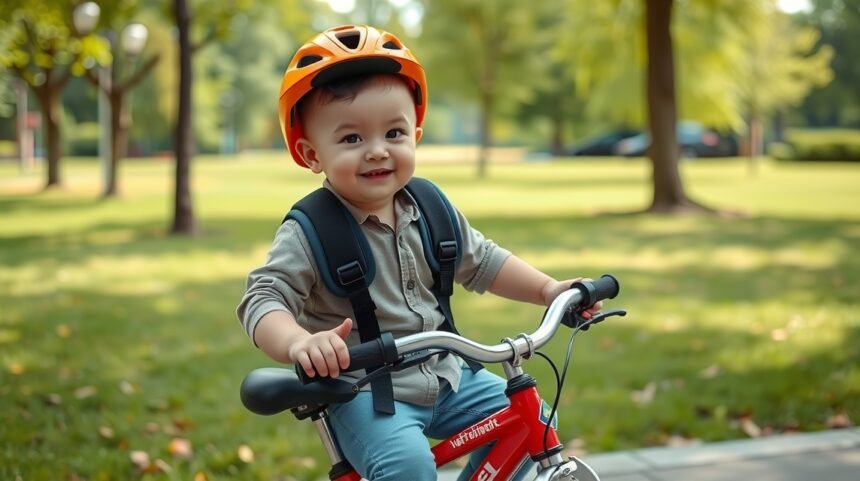 Baba biciklizik, narancssárga sisakban, vidám arccal.