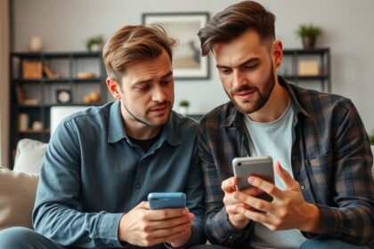 Két férfi telefonon nézi a közösségi médiát, látszólag aggódnak.