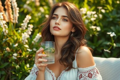 Fiatal nő frissítő itallal a kezeiben, zöld környezetben.