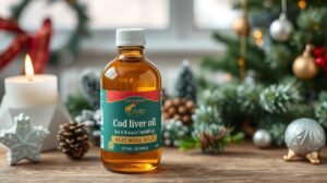 Tőkehalmájolaj üveg ünnepi dekorációval és gyertyával.