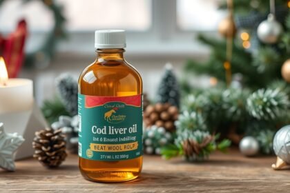 Tőkehalmájolaj üveg ünnepi dekorációval és gyertyával.