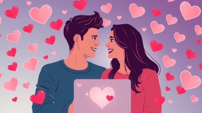 Fiatal pár online társkeresés közben, szívek körülöttük.