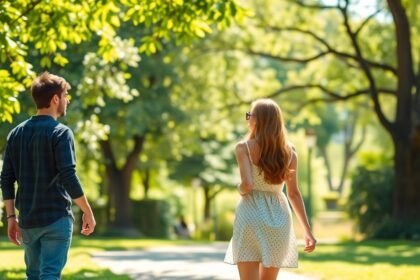 Fiatal pár sétál egy zöld parkban, flört és érintés jelzésekkel.