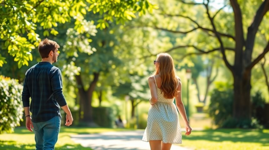 Fiatal pár sétál egy zöld parkban, flört és érintés jelzésekkel.