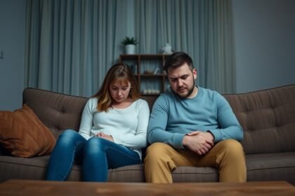 Pár ül a kanapén, érzelmi feszültség közepette, szomorú arccal.