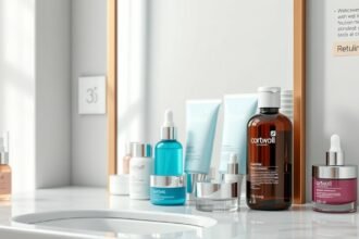 Arcápolási termékek a fürdőszobai pulton, kezdők számára