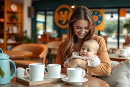 Fiatal nő babával ül a babakávézóban, kávéval az asztalon.