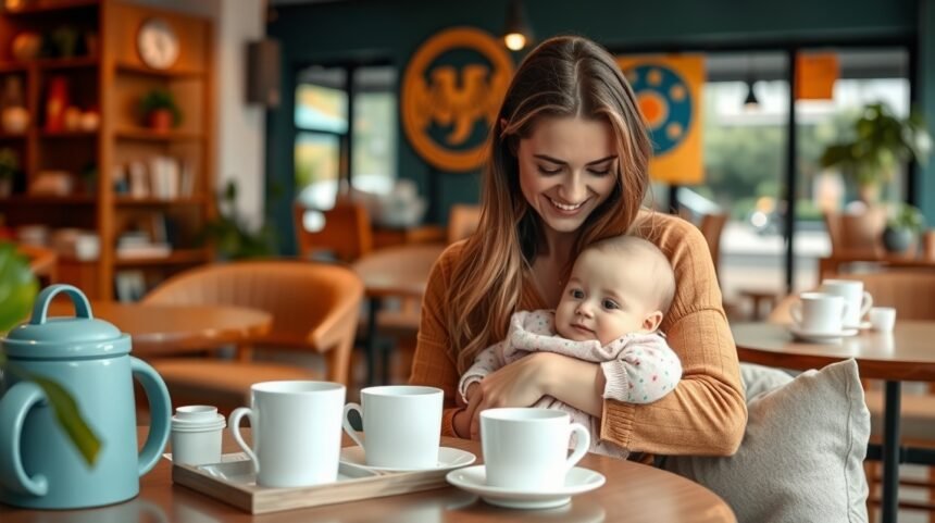 Fiatal nő babával ül a babakávézóban, kávéval az asztalon.