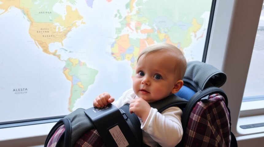 Baba utazási előkészületek egy térkép előtt