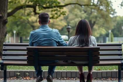 Egy pár ül a padon, távolságot tartva egymástól a kapcsolatban.