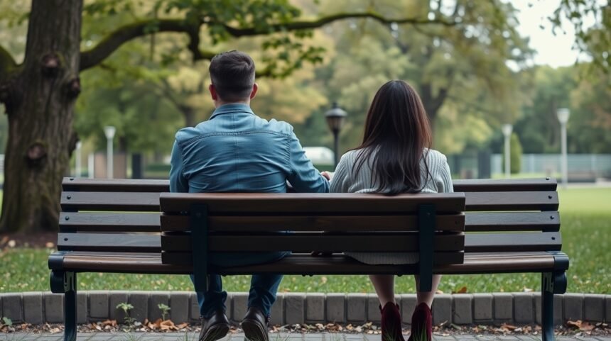 Egy pár ül a padon, távolságot tartva egymástól a kapcsolatban.