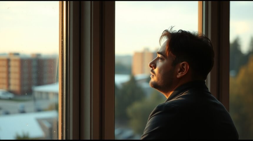 Férfi, aki távolba néz, érzelmi hiányra utalva.