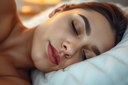 Fiatal nő alszik kényelmes ágyban, szép bőrrel és pihentető arccal.