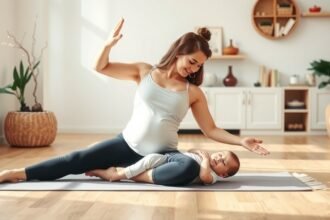 Baba-mama jóga gyakorlás szülés után otthoni környezetben.