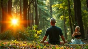 Pár meditáló ember a természetben, szívük és lelkük megnyitásáért.