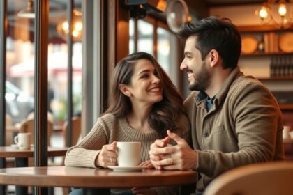 Fiatal pár kávézóban beszélget, boldogan mosolyognak egymásra.