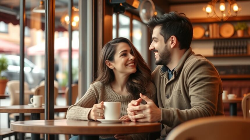 Fiatal pár kávézóban beszélget, boldogan mosolyognak egymásra.