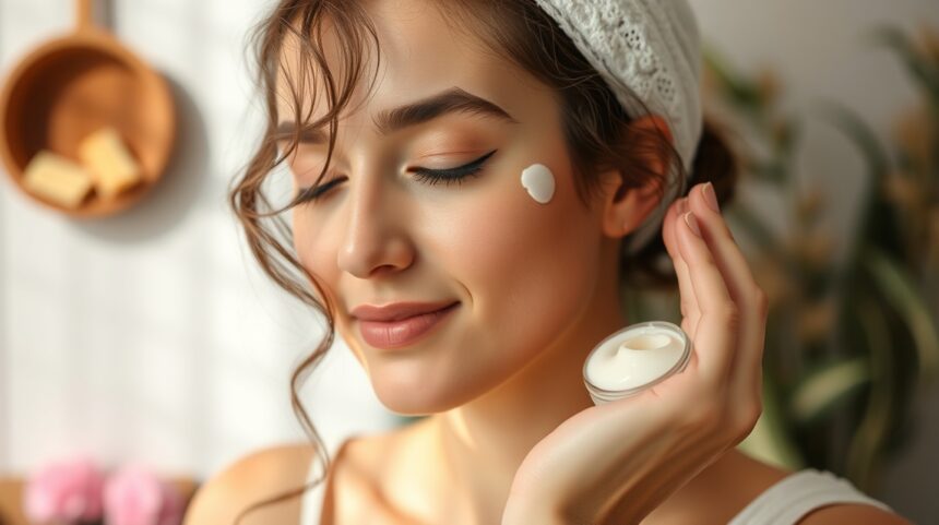Nő bőrápoló krémet alkalmaz a bőrére, szépségápolási rutinban.