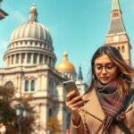 Egyedül utazó nő, aki telefonját használja történelmi épületek előtt.