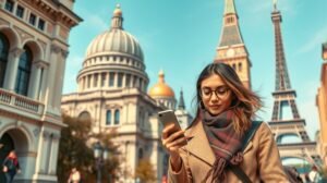 Egyedül utazó nő, aki telefonját használja történelmi épületek előtt.