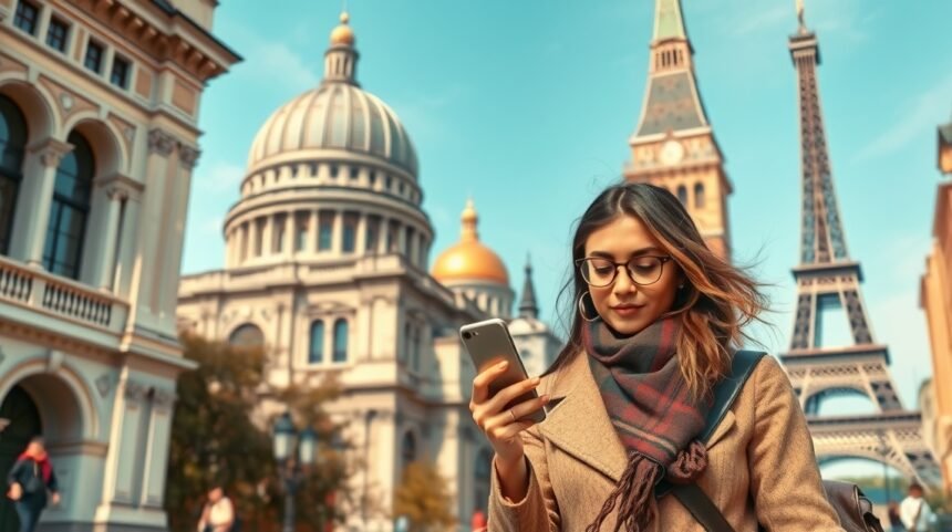 Egyedül utazó nő, aki telefonját használja történelmi épületek előtt.