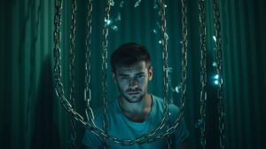 womensway 141 Egy férfi láncok között, érzelmi manipuláció szimbóluma