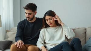 womensway 144 Egy pár szomorúan ücsörög a kanapén, válás után.