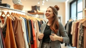 Fiatal nő mosolyogva új ruhákat próbál egy boltban.