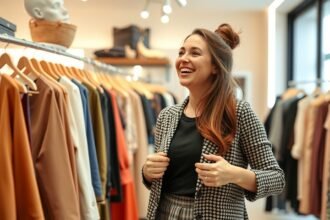 Fiatal nő mosolyogva új ruhákat próbál egy boltban.