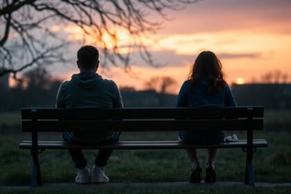 Két személy ül a padon a naplementében, távkapcsolat története.