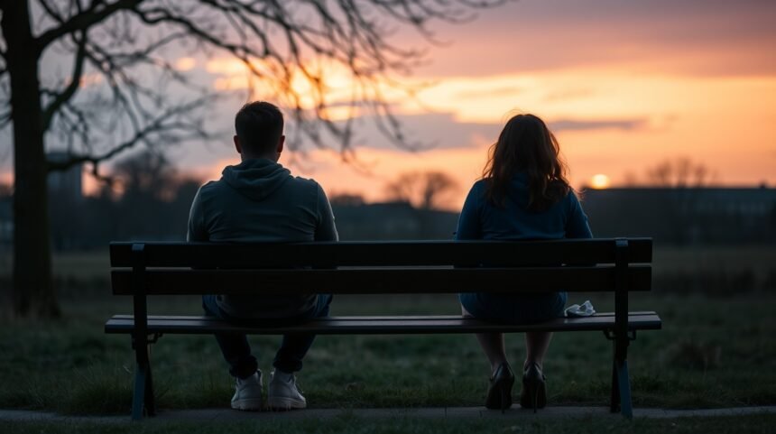 Két személy ül a padon a naplementében, távkapcsolat története.