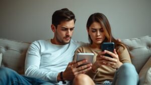 womensway 133 Fiatal pár telefonját nézi, érzések és bizalom dilemmája.