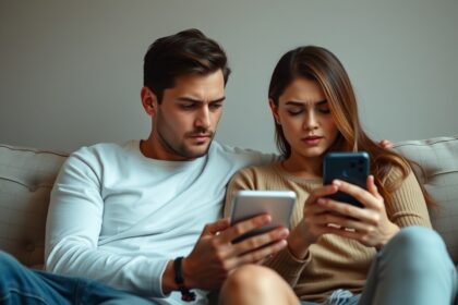 Fiatal pár telefonját nézi, érzések és bizalom dilemmája.