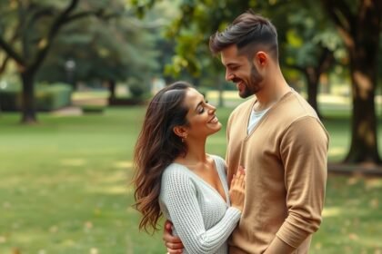 Boldog pár egy parkban, akcióban van, közelségben és mosolyognak.