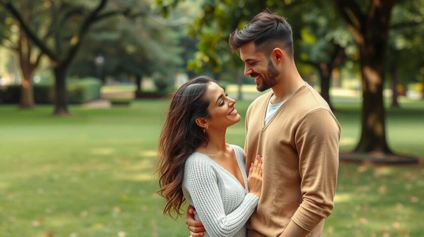 Boldog pár egy parkban, akcióban van, közelségben és mosolyognak.