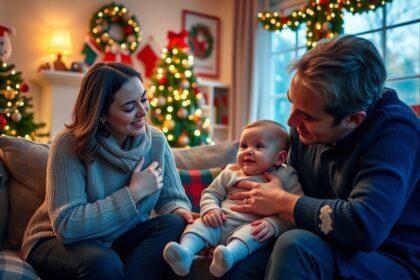 Kisbabás család karácsonyi ünneplés közben a kanapén.