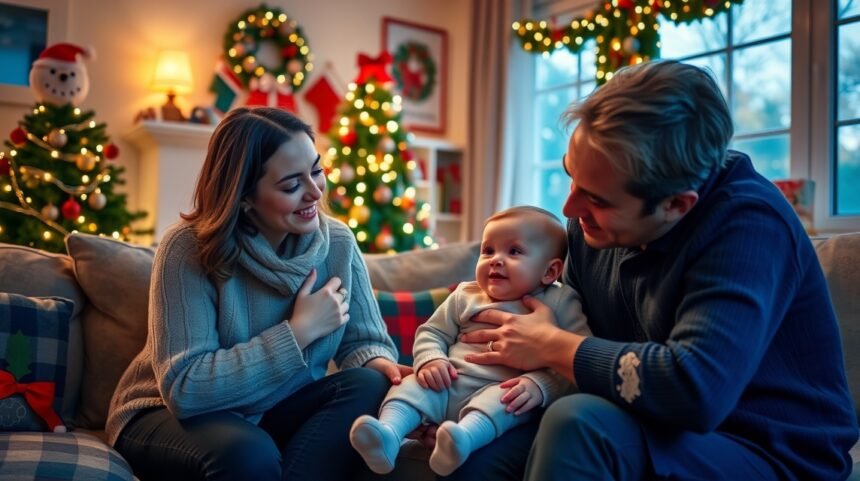 Kisbabás család karácsonyi ünneplés közben a kanapén.