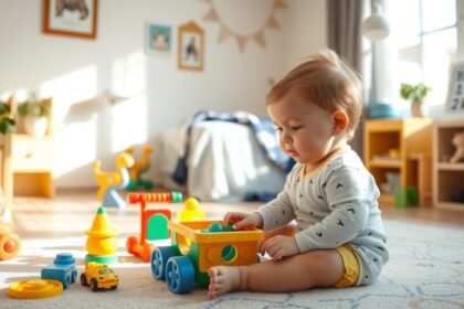 Kisgyermek játék közben otthoni környezetben, színes játékokkal.