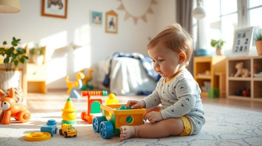 Kisgyermek játék közben otthoni környezetben, színes játékokkal.