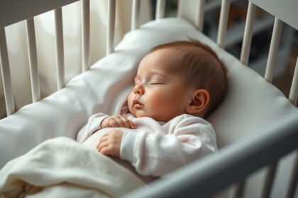 Baba alvása a kiságyban, békés és nyugodt környezetben.